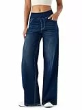 LaiEr Damen Denim Hose mit weitem Bein, hohe Taille, gerades Bein, lockere Passform, Unregelmäßiger handgeriebener Katzenschnurrhaarverlauf hohe Elastizität Casual Jeans(DarkBlueNostalgicM)