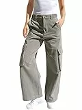 Haloumoning Mädchen Cargohose Baumwoll Y2K Baggy Cargo Hose Kinder Straight Leg Hohe Taille Jogginghose Casual Outdoorhose mit Elastische Taille und Taschen, Armeegrün, 9-10 Jahre