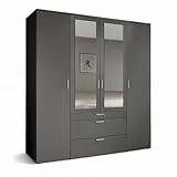 Stella Trading VESALA Kleiderschrank mit Spiegeltüren in Graphit - Vielseitiger Drehtürenschrank 4-türig für Ihr Schlafzimmer - 180 x 195 x 56 cm (B/H/T)
