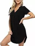 Clearlove Nachthemd Damen Geburt Stillnachthemd Kurzarm Nachtwäsche Umstandskleidung V-Ausschnitt Sleepwear Gestreift Schlafshirt mit Stillfunktion (Verpackung MEHRWEG), B-Schwarz, L