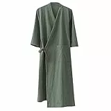 MOLUCI Herren Damen Baumwoll-Leinen-Bademantel für Paare im Japanischen Stil Saugfähiger Schnell Trocknender Kimono-Yukata-Saunamantel,Grün,M