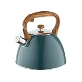 FLORINA Wasserkessel (2,5 l) I Edelstahl Teekessel FRANK I Flötenkessel mit Holzgriff I Automatischer Pfiff I Wasserkocher für Induktionsherd, Gasherd und Elektroherd I Farbe: dunkelgrün matt