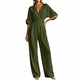 SKFLABOOF jumpsuit damen sommer, elegant für hochzeit, Overall Mit Ärmel Festlich Lang Tailliert Hosenanzug Weites Bein V Ausschnitt Halbarm Sommer Playsuit mit Tasche 001 Grün, M