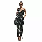 TSWRK Damen Jumpsuit V Ausschnitt Overall Blumen Ärmellos Playsuit Split Hosenanzug Romper Sommer