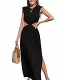 CUPSHE Damen Sommerkleid Elegant Ärmellos Schulterpolstern Cut Out Taille Seitenschlitz Langes Kleider Freizeit Urlaub Strand Maxikleid Partykleid Schwarz L