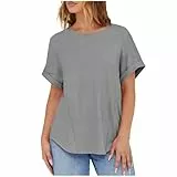 KOG Damen Tshirts Mode Einfarbige Shirts Freizeit Baumwolle Bekleidung Kleidung Große Größen Einfarbig Longshirt Angebote Teenager Rundhals Retro Blusenshirt Angebote des Tages Heute Grau M