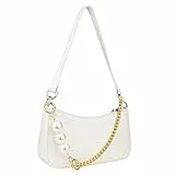 Camilife Weiße Clutch Schulter Handtasche Mini Handtaschen mit Perlenkette Classic Vintage Tasche Kleine Weiße Handtasche für Damen 90er Umhängetasche Hochzeit Wedding Prom Party
