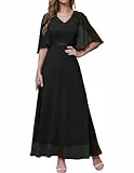DRESSTELLS Abendkleider Damen Hochzeit Ballkleid Elegant Lang Schwarz Brautkleid Standesamt Chiffon Cape Ärmel Maxi Cocktailkleid Festliches Partykleid Black XL
