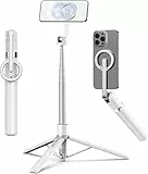 TONEOF 173cm Magnetisches Selfie Stick Stativ, Stark Magnetischer Aluminium Halter für Magsafe-Handy 360° Drehbar, Einziehbares Reisestativ mit Metallring&Fernbedienung, Tragbares Handystativ-Weiß
