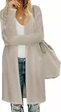 Fisoew Damen Strickjacke Open Front Langarm Cardigan Leicht Strickmantel Lang Pullover mit Taschen,Khaki,M