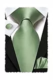 Hi-Tie Herren-Krawatten-Set, Seide, gestreift, Paisleymuster, Krawatte, Einstecktuch, Manschettenknöpfe für Business, Hochzeit, Salbeigrün, Medium