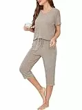 Wikoan Schlafanzug Damen 3/4 Shorty Pyjama Kurzarm und Capri Hose Rippen Nachtwäsche Sommer Hausanzug Lounge Set Stillpyjama Damen Khaki M