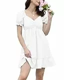 Damen Sommerkleid Puff Ärmel Hohe Taille Swing Sexy Minikleid Einfarbig V-Ausschnitt Freizeit Strandkleider
