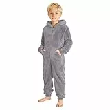 Teddy Fleece Overall Mädchen Jungen Fleece Schlafanzug Einteiler Langarm Jumpsuit Mit Kapuze Und Reißverschluss Warm Plüsch Onesie Winter Kinder Schlafoverall Niedlich Hausanzug Grau 5 Jahre