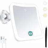 B Beauty Planet Vergrößerungsspiegel mit Licht,30 Fach Vergrößerung, Beleuchteter Make-up-Spiegel mit Touch Control und Saugnapf, Wiederaufladbar, 360° Drehbar, Badezimmer und Reise, Quadratisch