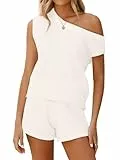 Tankaneo Schulterfreies 2-teiliges Damen-Outfits, Pullover-Set, Shorts, lässig, passende Lounge-Sets 2025, Weiss/opulenter Garten, XL
