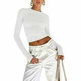 Damen Langarmshirts Y2K Crop Tops Rundhals Slim Fit Top T-Shirt Lässige Streetwear(White-b, S)
