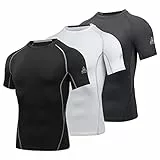 AMZSPORT Herren Kompressionsshirt Kurzarm Funktionsshirts Cool Dry Training Running Top, Schwarzweißgrau-M