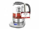 Emerio WK-122248 Glas Teekocher Wasserkocher TESTSIEGER mit Note 1.3 vollautomatisches Teesieb Absenkautomatik Borosilikatglas BPA frei 1.7l Volumen Temperaturwahl 2200 Watt Schwarz/Silber