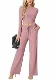 QIXING Trainingsanzug Damen Langarm Rundhalsausschnitt Hausanzug Weites Bein Hochgeschnittene Jogginghose Loungewear Set Jogginganzug (Mauve, XXL)