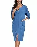 COLORFULLEAF Damen Bademantel mit Reißverschluss Leicht Morgenmantel 100% Baumwolle Hausmantel 3/4 Ärmel Nachthemd mit Taschen(Blau,2XL)
