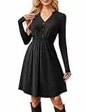 Florboom Damen Kleider Kerbe V-Ausschnitt Langarm Elegant Midikleid Knielang A-Linie Kleid (Schwarz, S)