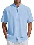 Friptspyg Leinenhemd Herren Kurzarm Baumwolle Leinen Hemd Freizeit Sommerhemd Button-Down Strandhemd, Himmel Blau 3XL