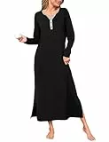 Bresdk Nachthemd Damen Langarm Baumwolle Nachtwäsche Für Damen Lang Winter Schlafkleid Oversize Knopfleiste V-Ausschnitt Einfarbig Schlafshirt große größen