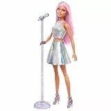 Barbie Pop-Star-Puppe gekleidet in einem schillernden Rock mit Mikrofon und rosafarbenem Haar, Geschenk für Kinder von 3 bis 7 Jahren, JCW42, Schillernd