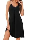 Uniexcosm Nachthemd Damen Kurz Ärmelloses Sexy Nachtwäsche Baumwolle Sleepshirt Spitze Tiefer V-Ausschnitt Nachtkleid Soft Sleepwear A:Schwarz M