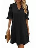Cicy Bell Damen Sommerkleid Elegant Halbarm Hemdkleid V Ausschnitt Party Kleider Freizeitkleider Einfarbig Midikleid Casual A Linien Kurzes Kleid Schwaz L