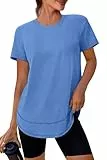 XIEERDUO Damen Kurzarm Sportshirt Rundhals, Leicht Atmungsaktiv Schnelltrocknend Mit UPF 50+ Sonnenschutz, Lockere Passform Funktionsoberteil für Fitness, Yoga Und Laufen Blau XXL