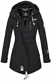 MARIKOO Damen Softshelljacke (XS-3XL) mit Kapuze - Wasserabweisend, Fleece innen, Tasche am Arm, Mantel, Warme Jacke Frauen B614 (S, Schwarz)