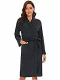 vislivin Leichter Bademantel Damen Frottee Bademantel Sauna Morgenmantel Knielanger Saunamantel Bathrobe Damen Schwarz M