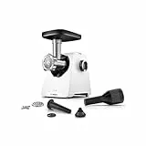 Bosch MultiPower Serie 6 Fleischwolf MFWS607W, 2 Lochscheiben (4,5 und 8 mm), Edelstahl, spülmaschinenfest, Kebbe- und Wurst-Aufsatz, Motorblockleistung 2.100 W, Weiß