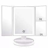 WEILY Schminkspiegel mit LED-Beleuchtung und Touchscreen, Vergrößerung 1X/2X/3X, Drehung um 180 °, batteriebetrieben und über USB betrieben (weiß)