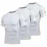 AMZSPORT Herren Kompressionsshirt Kurzarm Funktionsshirts Cool Dry Training Running Top, 3Weiß-L