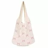 Huiguli Strandtasche für Damen, Häkeltasche für den Sommer mit Rosa Schleife, Gestrickte Umhängetasche für Reisen Einkaufen und Alltag