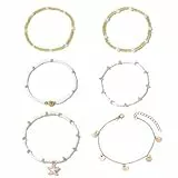 AHEJIOO 6 Stück Muschelkette, Fußkettchen Für Damen, Fussketten Für Frauen, Boho Perlen Verstellbares Fußkettchen, Fußkette Damen, Hawaii Strand Muschel Perlen Herz Seestern Kamm Fuß Schmuck