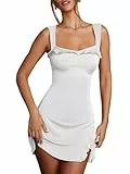 HESUUIO Sexy Damen-Minikleid, ärmellos, figurbetont, Seitenschlitz, Rüschen, A-Linie, kurz, Club-Partykleid, Weiss/opulenter Garten, Klein