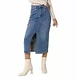Nina Carter P215 Damen High Waist Wadenlanger Jeansrock mit Vorderem Schlitz Langer Rock Reißverschluss Stretch Used-Look, Blau (P215-5), M