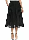 EXCHIC Damen Fließender Chiffon Elastisch Taille Midi Rock Freizeit A-Linie Knielange Falten Rock mit Tasche (S, Schwarz)