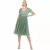 Maya Deluxe Damen Maya Deluxe Embellished Midi Evening Dress for Women Ladies V Neckline with Short Sleeve for Prom Wedding Brautjungfernkleid, Deep Mint,