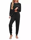 Namatime Namtime Schlafanzug Damen Lang Pyjama Baumwolle Warm Nachtwäsche Zweiteiliger Set Winter Hausanzug Schlafanzüge für Damen Schwarz L