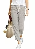 Hose Damen Leinen Sommerhose 7/8 Casual Leichte Baumwolle Leinenhose Stoffhose Bequeme Luftige Freizeithose Strandhose Mit Taschen (Grau, M)