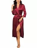 Ekouaer Bademantel Damen Leicht Morgenmantel Satin Lang Brautjungfern-Hochzeitsfeier Seidenroben Nachtwäsche mit Taschen Kimono, Weinrot, L