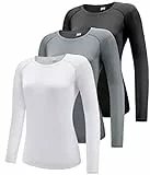 Damen 3er Pack Langarmshirt T-Shirts, UPF 50+ Sonnenschutz Schnelltrocknend Funktionsshirt Laufshirts, Atmungsaktiv Langarm Sportshirt Gym Yoga Top Workout Fitness Oberteil Black/White/Grey 3P01-L