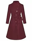 GRACE KARIN Damen Wintermantel Revers Einreihig Knielang Trenchcoat A-Linie Jacke Outwear mit Gürtel Taschen Dunkelrot S