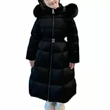 KODMNSW Daunenjacke Mädchen Lang Wintermantel Puffer Jacke Winterjacke mit Fellkapuze Teddyjacke Warm Winter Jacke Oversize Daunenmantel Outdoor Kinderjacke Softshelljacke Schwarz 14 Jahre