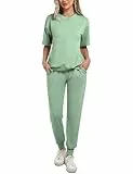 Irevial Damen Tracksuit Kurzarm Rundhalsausschnitt Zweiteiler Trainingsanzug Set Jogginganzug Einfarbig Sportanzug Hausanzug 2 Teilig Freizeitanzug Sportswear Sweatshirt & Jogginghose
